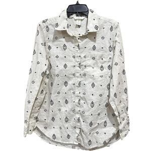 HM Shirt Women Size S Beige Linen Blend Button Up Long Sleeve Geometric Top